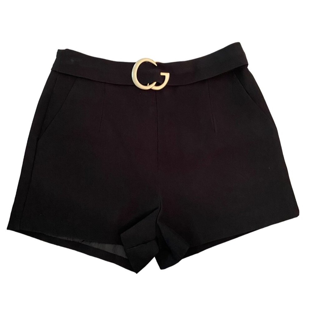 Black High-Waist Tailored Shorts with Gold Buckle